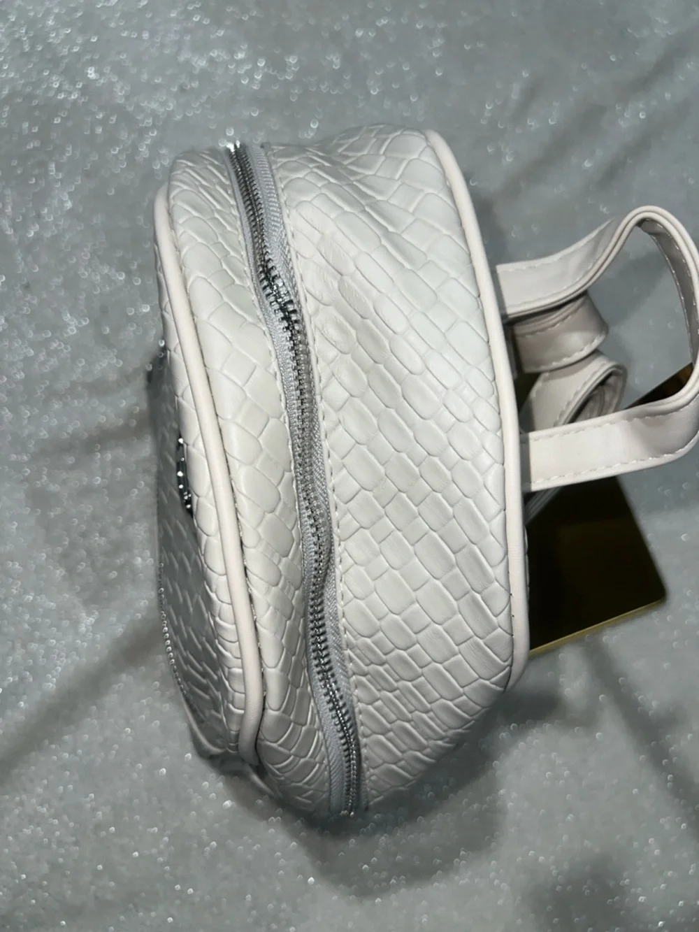 London Fog Stone colored Textured Backpack purse with Silver Logo NWT